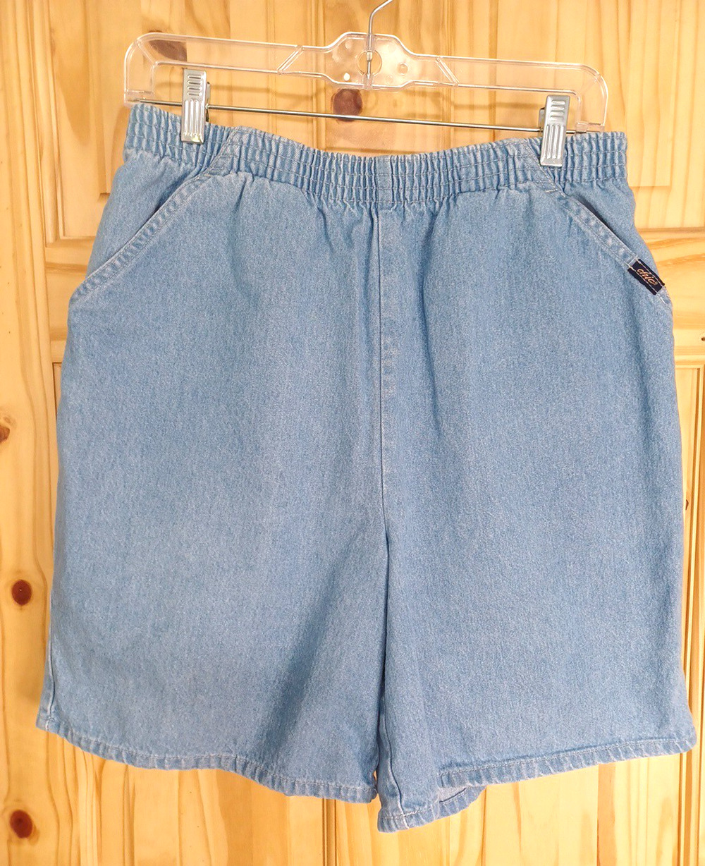 VTG Chic Women's Lt Blue Denim 100% Cotton Shorts Sz 14 High Rise Elastic Waist
